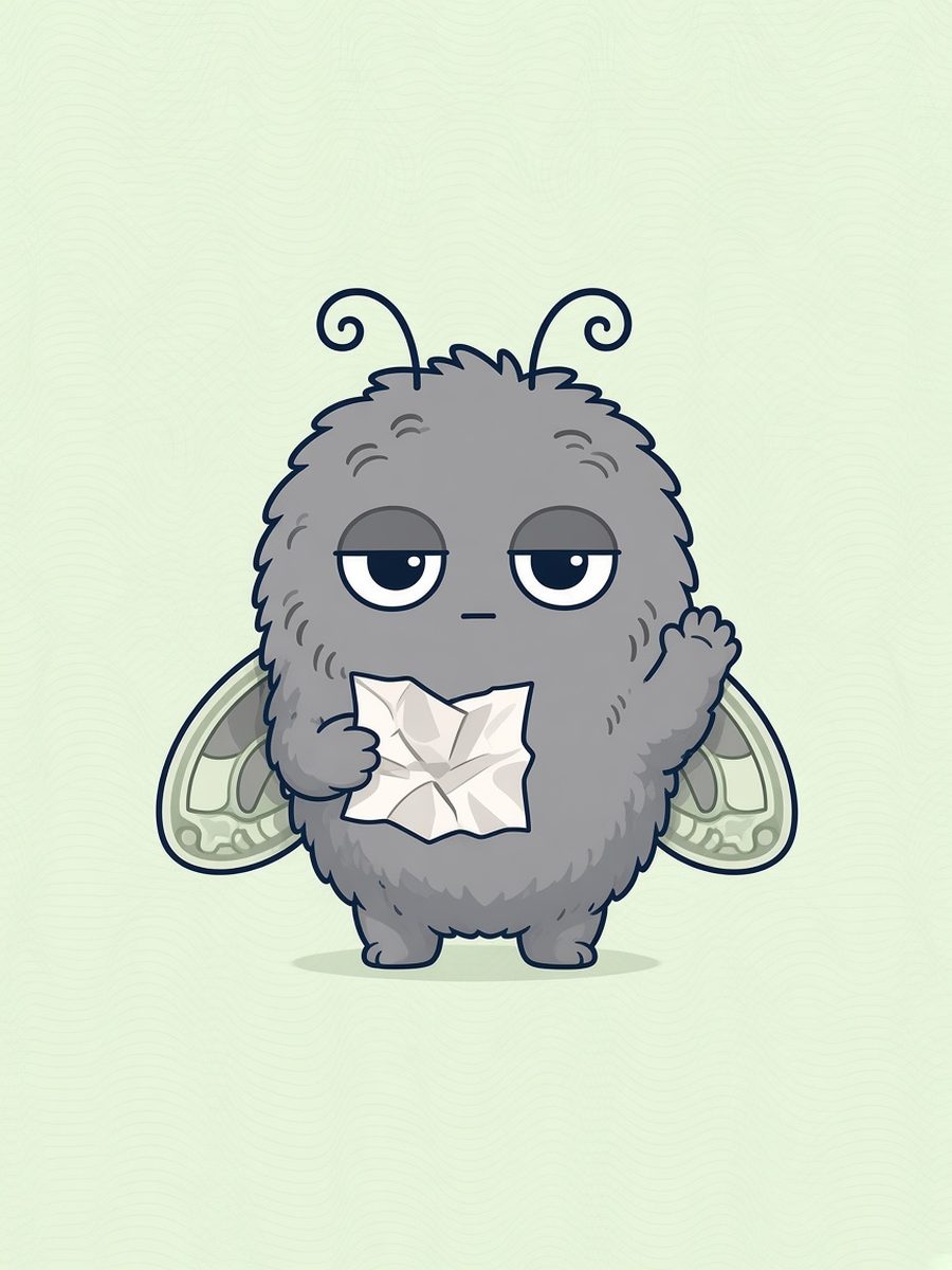 Lint, a round fuzzy grey moth with sleepy eyes, holding a crumpled pay stub and waving