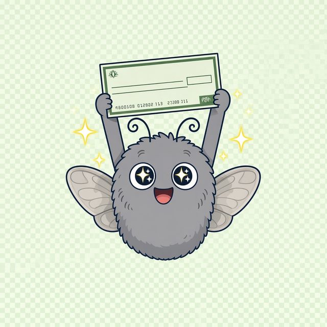 Lint holding a paycheck overhead with sparkling eyes