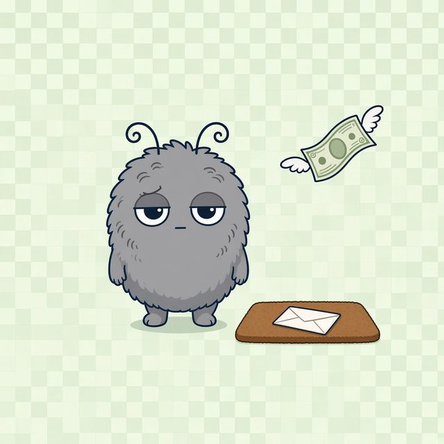 Lint watching a banknote fly away while an envelope sits on the doormat