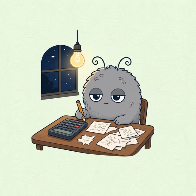 Lint at a table at night with a calculator and receipts