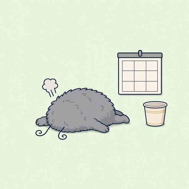 Lint lying face down beside a calendar and a noodle cup